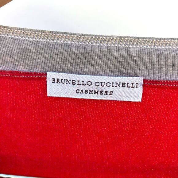 Brunello Cucinelli V-Neck Sporty Preppy Cashmere Sweater Red Gray Jumper Small - Picture 3 of 8